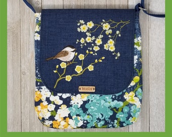 Navy blue cherry blossom chickadee embroidered crossbody bag