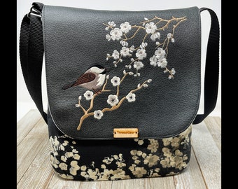 Asian inspired black and white cherry blossom chickadee embroidered crossbody bag- Sakura