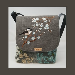 Cherry blossom chickadee embroidered crossbody bag