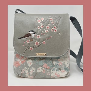 Pink Cherry blossom chickadee embroidered crossbody bag