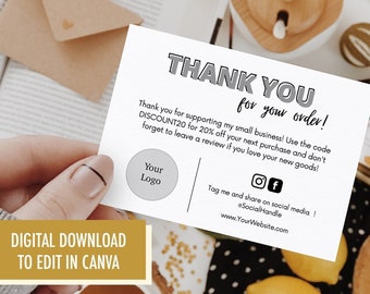 Printable Small Business Thank You Card Template / business template, etsy coupon code, packaging insert, thank you for your order, canva