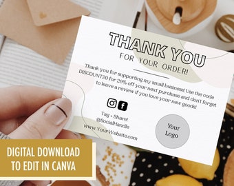 Printable Small Business Thank You Card Template / business template, etsy coupon code, packaging insert, thank you for your order, canva