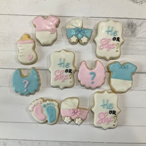 Op de afbeelding: Een set van twaalf gender reveal-koekjes versierd met blauwe en roze glazuur. De koekjes bevatten afbeeldingen van babykleding, een babyfles, een kinderwagen en een vraagteken. De koekjes hebben ook de tekst "He or She?" (Hij of Zij?).