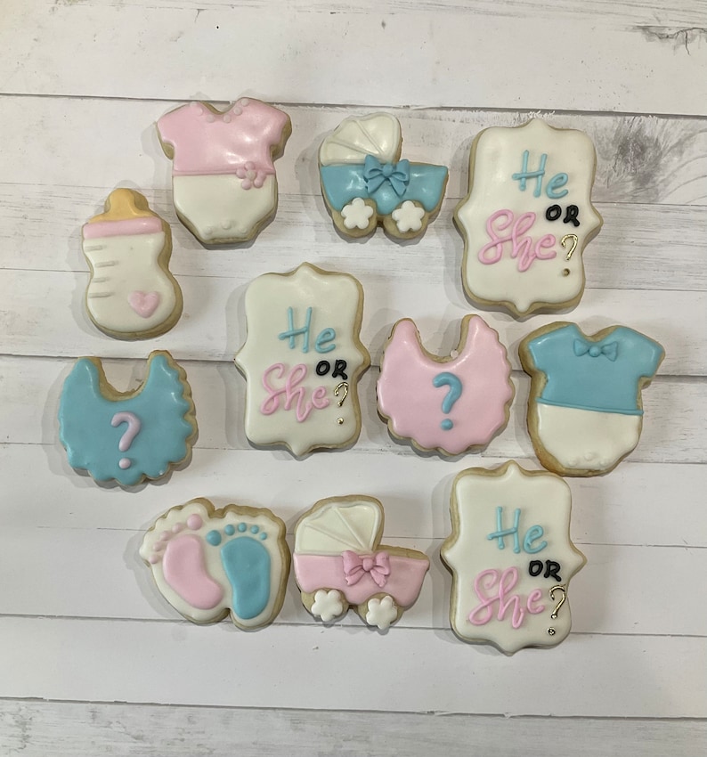 Op de afbeelding: Een set van twaalf gender reveal-koekjes versierd met blauwe en roze glazuur. De koekjes bevatten afbeeldingen van babykleding, een babyfles, een kinderwagen en een vraagteken. De koekjes hebben ook de tekst "He or She?" (Hij of Zij?).