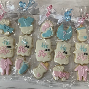 Op de afbeelding: Tien gedecoreerde suikerkoekjes in individuele cellofaan zakjes. De koekjes hebben gender reveal-thema's, waaronder babykleding, een babyfles, voetafdrukken en borden met de tekst "Hij of Zij?"