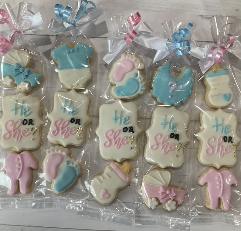 Op de afbeelding: Tien gedecoreerde suikerkoekjes in individuele cellofaan zakjes. De koekjes hebben gender reveal-thema's, waaronder babykleding, een babyfles, voetafdrukken en borden met de tekst "Hij of Zij?"
