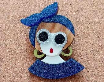 Quirky Kitsch chic lady  Brooch. 3D layers /very retro / glasses / headscarf