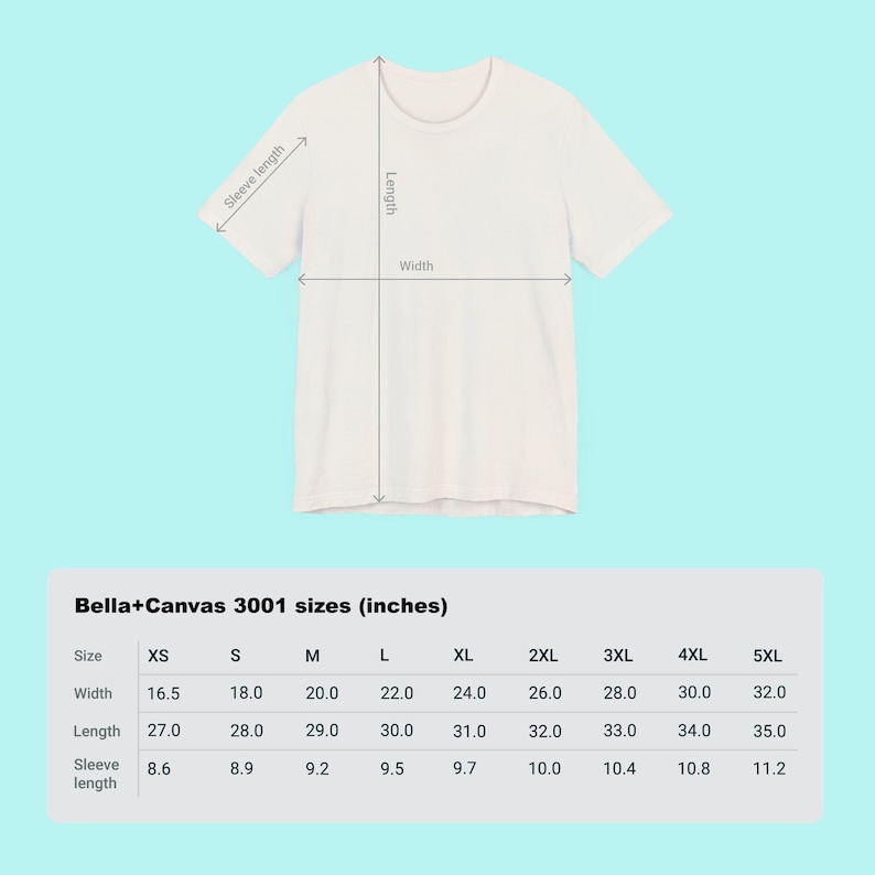May include: A size chart for Bella+Canvas 3001 t-shirts, showing measurements in inches for sizes XS to 5XL. The chart includes width, length, and sleeve length.