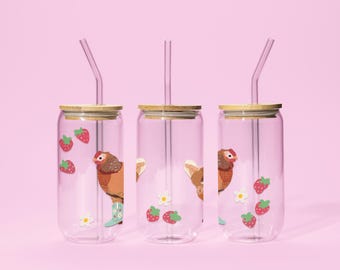Berry Cowgirl Chicken Glass, Funny Sipper Cup with Lid and Straw, Cute Farm Animal Drinkware, Western Aesthetic Iced Coffee Tumbler