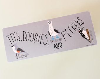 Grappige bumpersticker met vogelwoordspeling, ondeugende vinylsticker met humor.