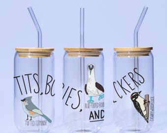 Funny Bird Glass Cup, Sipper Glass, Bird Lover Gift, Iced Coffee Glass, Funny Drinkware