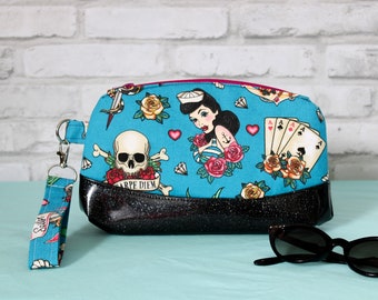 Rockabilly sailor girl handbag, viva las Vegas bag with cards and skulls