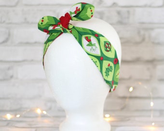 Christmas headband, topknot hair accessory, holiday rockabilly hair scarf, stocking stuffer