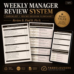May include: A Weekly Manager Review System featuring a checklist and yes/no decision flowchart. The documents include sections for sales, food and beverage costs, labor, and financial controls. A tablet displays the same digital documents.