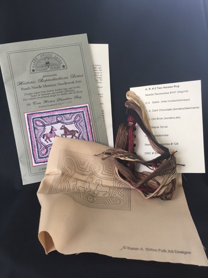 Kit TWO HORSES Primitive Rug Miniature Punch Needle Design Includes All