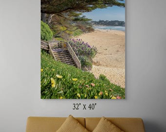 Impresión de paisaje marino de la costa de California con escaleras ocultas en la playa Carmel, arte mural costero, fotografía oceánica