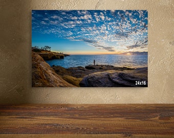 Fotografía de atardeceres en acantilados de California: espectacular dosel de nubes, arte mural costero de San Diego, impresión artística de acantilados oceánicos