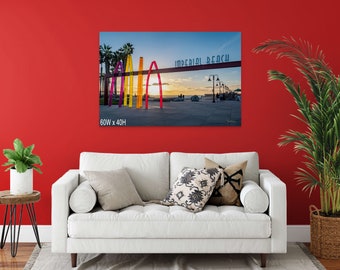 Entrada del muelle de Imperial Beach al atardecer: arte mural costero de San Diego, fotografía de muelles de California, impresión colorida en lienzo junto al mar