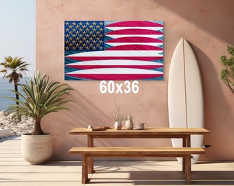 Arte de surf con bandera estadounidense: arte mural costero patriótico, fotografía de la bandera de tabla de surf, impresión en lienzo de playa y océano de EE. UU.