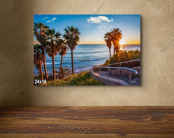 Swami’s Beach Sunset – Encinitas Coastal Wall Art, California Beach Photography, Palm Trees Stairway Ocean Canvas Print