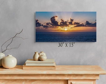 Cuadro decorativo de pared con lienzo "Amanecer en el océano", decoración costera, panorama marino, impresión de horizonte azul tranquilo, gran formato.