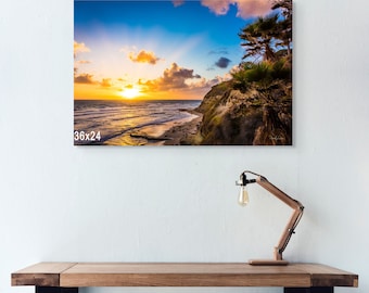 Sunset at Swami’s Beach Encinitas California – Coastal Cliff Wall Art, Pacific Ocean Sunset Photography, Southern California Beach Print