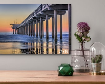 Muelle Scripps al atardecer – Arte mural costero de La Jolla, Fotografía del Instituto Scripps de la UC San Diego, Impresión en lienzo con reflejo del océano
