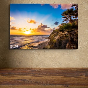 Sunset at Swami&#39;s Beach in Encinitas California Photograph Tropical sunset over the Pacific Ocean Photograph Cliff Overlook Canvas Art Print