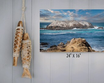 Impresión de paisaje marino de la costa de California, playa de guijarros, roca de pájaro, bahía de Monterey, arte mural de vida silvestre oceánica, fotografía costera