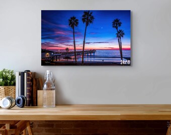 Muelle de San Clemente al atardecer con palmeras: arte mural costero de California, fotografía de playa en la hora azul, impresión artística del muelle oceánico