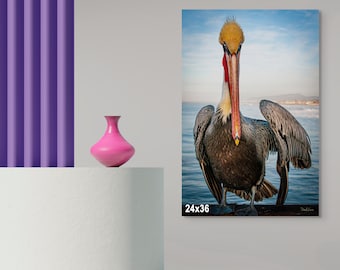 Retrato de pelícano pardo de California: arte mural de fauna costera, fotografía de aves en el muelle junto al mar, impresión artística del océano Pacífico