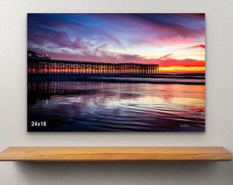 Atardecer en Crystal Pier – Arte mural costero de Pacific Beach, San Diego, fotografía de muelles de California, impresión en lienzo con reflejo del océano