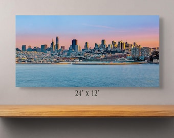 Impresión del horizonte de San Francisco al atardecer, vista a la bahía, arte de pared, fotografía de paisaje urbano durante la hora dorada.
