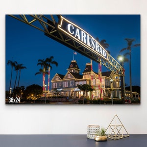 The Carlsbad Welcome Street Sign, Holiday Street Scene, Highway 101, Carlsbad California Sign at Night, Victorian Building Photograph