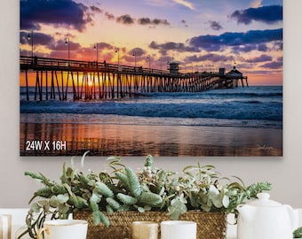 Atardecer en el muelle de Imperial Beach: arte mural costero de San Diego, fotografía del muelle del océano Pacífico, impresión en lienzo de paisaje marino con luces nocturnas