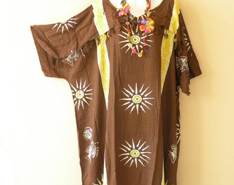 5 Colors Medallion Batik Hand Painted Plus Size Kaftan Caftan Kimono Beachwear Maxi Dress - S, M, L, XL, 1X, 2X, 3X, 4X & 5X