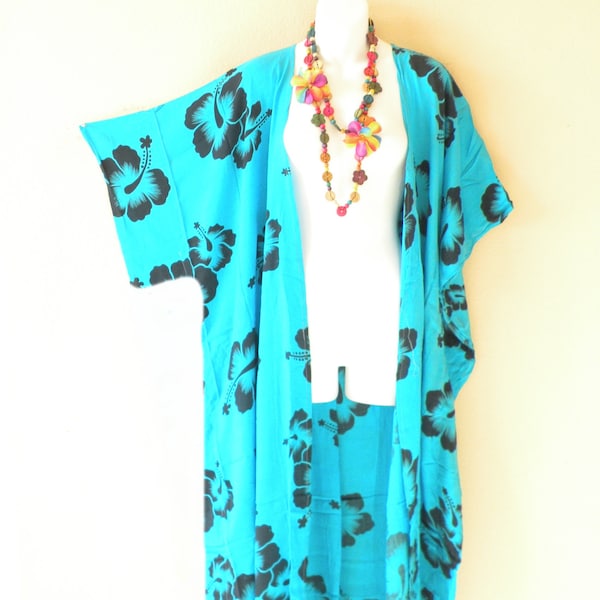 Aqua Batik Black Hibiscus Plus Size Maxi Kimono Cardigan Duster Jacket Womens Cover up - S, M, L, XL, 1X, 2X, 3X, 4X & 5X