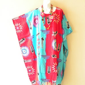 LT27 Pink & Aqua 42&quot; Midi Knee Length Batik Fish Bone Dolman Batwing Caftan Kaftan Tunic Hippy Dress or Long Top- 1X, 2X, 3X, 4X, 5X