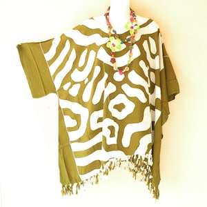 KB70 Olive Green Abstract Hand Painted Batik Plus Kaftan Caftan Kimono Beachwear Tunic Poncho Blouse Top - S, M, L, XL, 1X, 2X, 3X