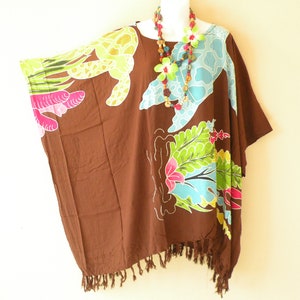 KB100 Brown Hand Painted Turtle Batik Plus Kaftan Caftan Kimono Beachwear Hippie Tunic Poncho Blouse Top - S, M, L, XL, 1X, 2X, 3X, 4X & 5X