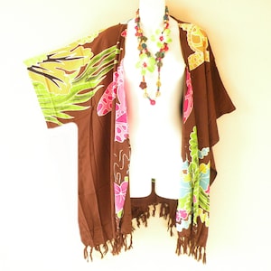 CB621 Brown Batik Turtle Kimono Sleeve Open Front Plus Kaftan Cardigan Duster Jacket Beachwear Cover up - S, M, L, XL, 1X, 2X, 3X, 4X & 5X