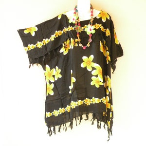 KB454 Yellow Black Batik Floral Plus Kaftan Caftan Kimono Beachwear Big Hippie Bohemian Tunic Poncho Blouse Top - Fit from S to 5X