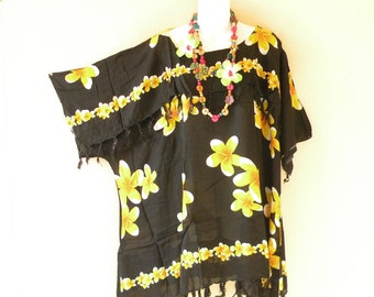KB454 Yellow Black Batik Floral Plus Kaftan Caftan Kimono Beachwear Big Hippie Bohemian Tunic Poncho Blouse Top - Fit from S to 5X