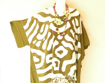 KB70 Olive Green Abstract Hand Painted Batik Plus Kaftan Caftan Kimono Beachwear Tunic Poncho Blouse Top - S, M, L, XL, 1X, 2X, 3X