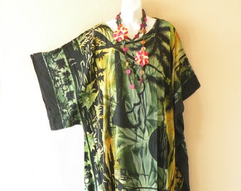 KG89 Tie Dye Scenic Batik Rayon Kaftan Caftan Kimono Sleeve Abaya Tunic Poncho Beachwear Maxi Long Fringes Dress -Fit up to 5X