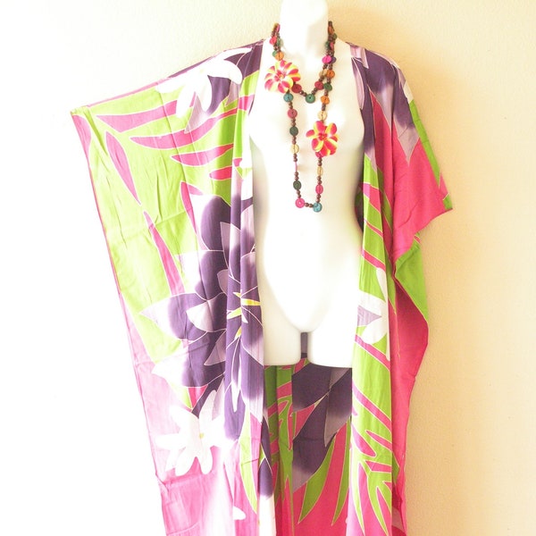 CG50 Floral Plus Size Hand Painted Maxi Kimono Cardigan Duster Jacket Beachwear Cover up - S, M, L, XL, 1X, 2X, 3X, 4X & 5X