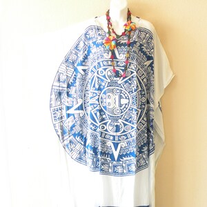 KD471 Blue Batik Abstract Women Abaya Kaftan Caftan Kimono Sleeves Beachwear Dolman Maxi Long Fringes Dress - Fit from S to 5X