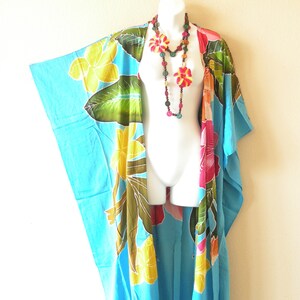 CD549 Aqua Hand Painted Multicolor Floral Batik Plus Size Maxi Kimono Open Cardigan Duster Jacket Beachwear Women Cover up - Up to 5X