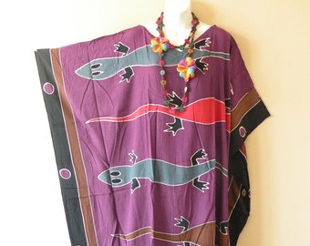 KG52 Multicolor Gecko Hand Painted Batik Plus Size Dolman Batwing Caftan Kaftan Tunic Hippy Maxi Long Dress - Fit from S to 7X