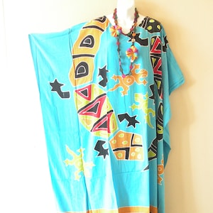 KG50 Multicolor Gecko Floral Hand Painted Batik Plus Size Dolman Batwing Caftan Kaftan Tunic Hippy Maxi Long Dress - Fit from S to 7X